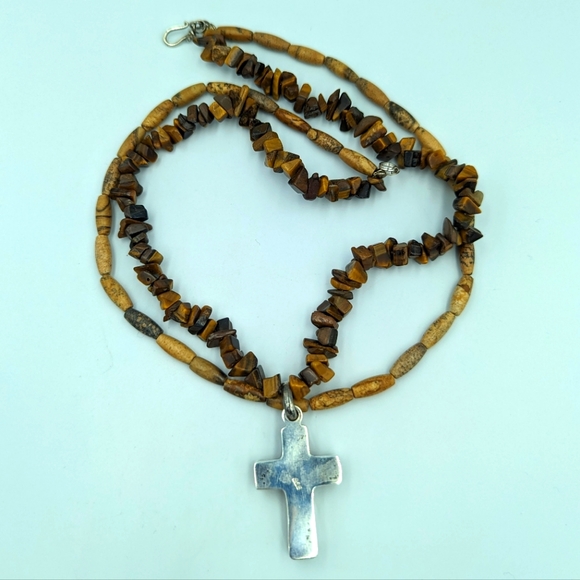 Amber Cross Sterling Silver On Tiger's Eye Chips & Jasper Bead Necklace Vintage - Picture 5 of 15
